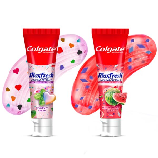 Colgate MaxFresh Rainbow Fresh Gel Toothpaste with Heart Shaped Cooling Crystals, Triple Mint Flavour, 100g & MaxFresh Watermelon Blast Gel Toothpaste with Cooling Crystals, 100g for Intense Freshness - Fast Shipping to USA & Canada