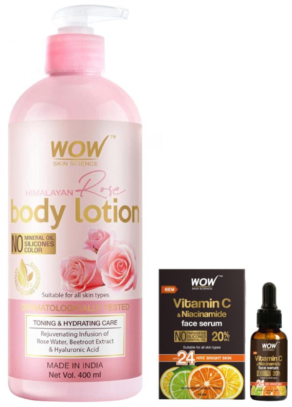 WOW Skin Science Brightening 20% Vitamin C Face Serum & WOW Skin Science Himalayan Rose Body Lotion For Light Hydration - Normal To Oily Skin - with Rose Water - Fast Shipping to USA & Canada