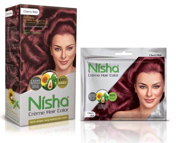 Nisha Cream Hair Color Rich Bright Long Lasting Hair Colouring For Ultra Soft Deep Shine 100% Grey Coverage Conditioning With Natural Herbs 60gm Jumbo + 40gm Sachet Pack (Cherry Red) ? - Fast Shipping to USA & Canada
