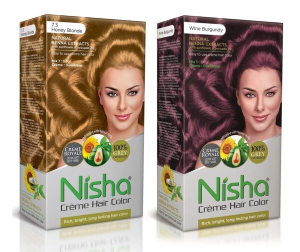 Nisha Cream Hair Color Rich Bright Long Lasting Hair Colouring For Ultra Soft Deep Shine 100% Grey Coverage Conditioning With Natural Herbs Honey Blonde and Wine Burgundy (Pack of 2) - Fast Shipping to USA & Canada