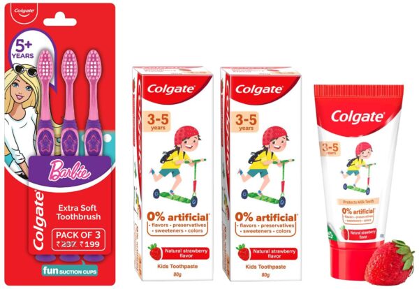 Colgate Kids 3-5 yrs premium Toothpaste, Natural Strawberry Flavour Tooth Paste with 0% Artificial Flavors (160g, Pack of 2) & Colgate Kids Barbie Toothbrush Extra Soft with Tongue Cleaner (Pack of 3) - Fast Shipping to USA & Canada