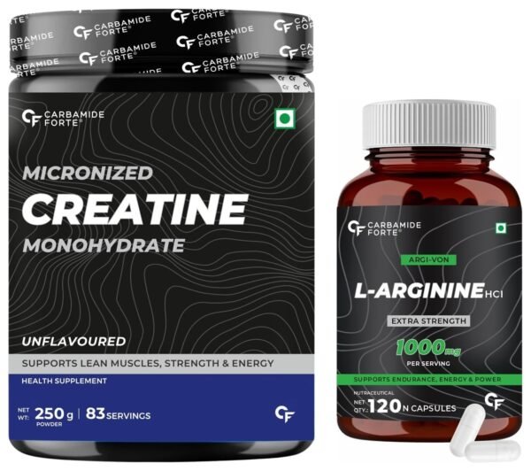 Carbamide Forte L Arginine 1000mg Supplement Per Serving - 120 Veg Capsules & Micronised Creatine Monohydrate Powder - Unflavoured - 83 Servings - 250g - Fast Shipping to USA