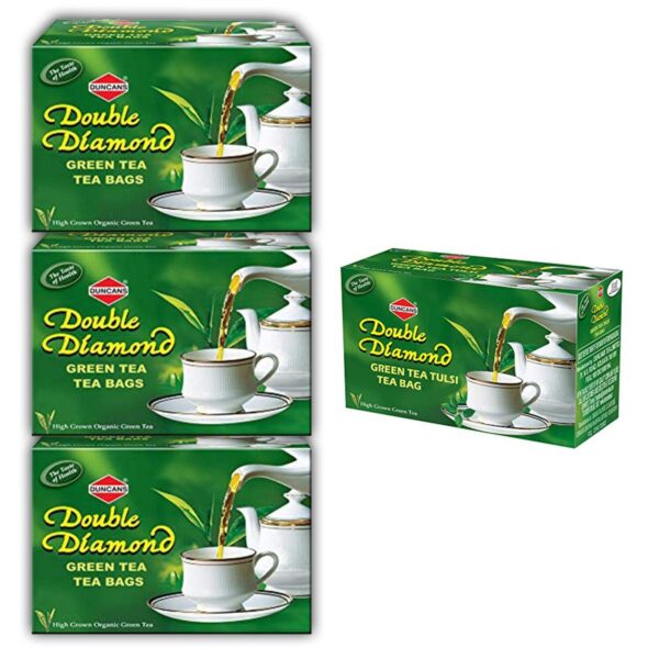 DUNCANS FINEST HAND - PICKED LEAF TEA Double Diamond 100% Natural & Pure Green Tea + Tulsi Green Tea Combo Pack Of 4 (3+1 Free) - Bags, 0.34 Kg - Fast Shipping to USA & Canada