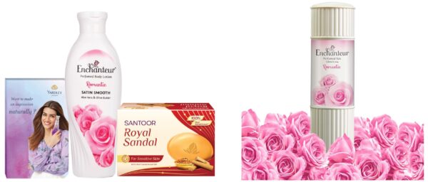 Enchanteur Romantic Hand and Body Lotion 100ml + Yardley Perfume 10ml + Santoor Royal Sandal Soap 75g Romantic Perfumed Talcum Powder with Floral French Fragrance for Women Combo