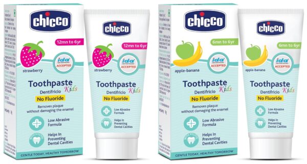 Chicco Toothpaste, Strawberry Flavour for 1Y to 6Y Bab (50g)&Chicco Toothpaste, Applebanana Flavour for 6m to 6Y Baby, Fluoride-Free, Preservative-Free,Cavity Protection (50 Millilitre) - Fast Shipping to USA & Canada