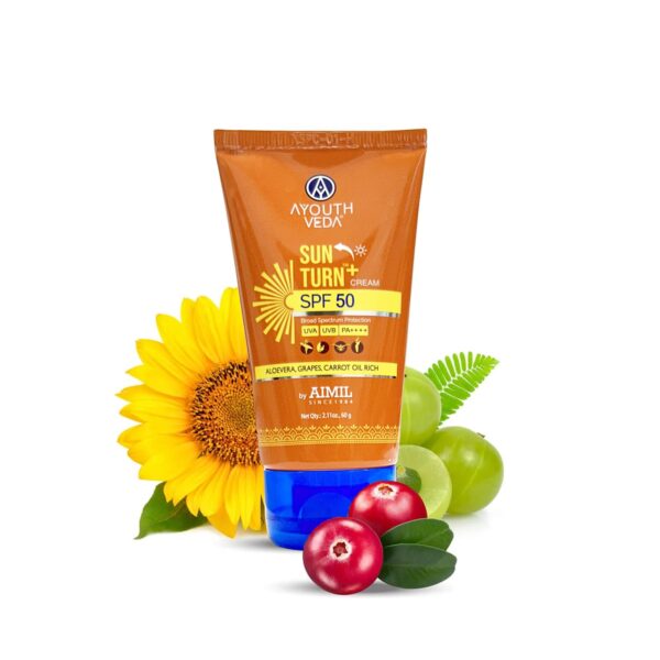 Ayouthveda Sun Turn+ Cream SPF 50 PA++++ with Hyaluronic Acid, Grapes, Cranberry, and Carrot Oil | Broad Spectrum Protection - Hydrating, Anti-Aging Sunscreen for Face and Body - Blue Light Defense - Non-Greasy & Water-Resistant Formula- Net Qty: 60g - Fast Shipping to USA & Canada