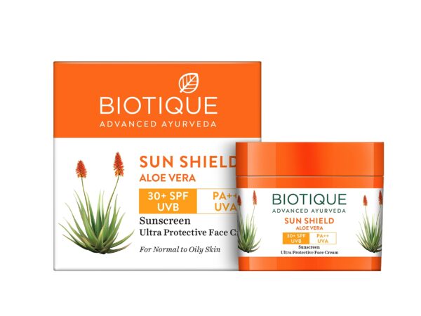 Biotique Sun Shield Aloe Vera 30+ Spf UVB Sunscreen Ultra Protectective Face Cream For Normal Skin, 50G, Pack Of 1 - Fast Shipping to USA & Canada
