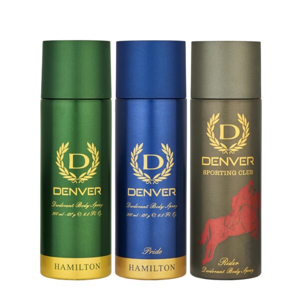 DENVER Hamilton Deo, Sporting Club Rider & Pride Deo - 200ML Each (Pack of 3) Long Lasting Deodorant Spray - For Men (600 ml, Pack of 3) - Fast Shipping to USA & Canada