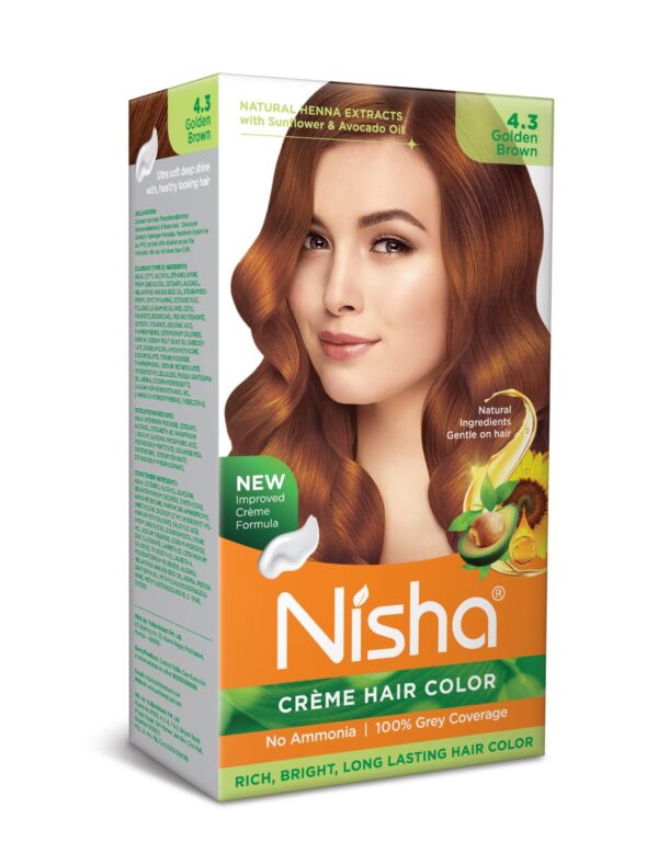 Nisha Creme Hair Color Golden Brown, Permanent Hair Colour for Women Men, No Ammonia, Ultra Soft Deep Shine, 100% Grey Coverage, 4.3 Golden Brown Hair Colour (60gm+60ml+18ml) - Fast Shipping to USA & Canada