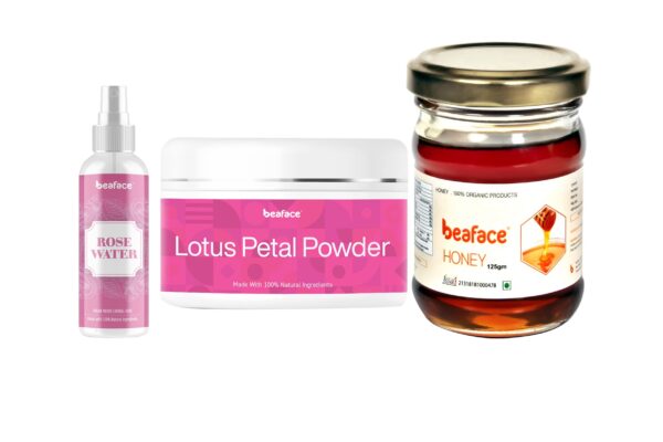 Beaface Combo Pack Lotus Petal Powder New Fresh Skin Glow - 50gm | Natural Honey Acne Remover, Cleanser, Pigmentation | Rose water Skin Soothes -100ml (Pack of-3)
