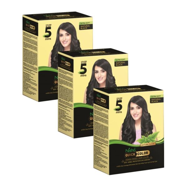 Nisha 5 Minutes Quick Hair Colour For Women & Men | Henna Based Hair Color | 100% Gray Coverage With No Ammonia- Black (Pack Of 3) - Fast Shipping to USA & Canada