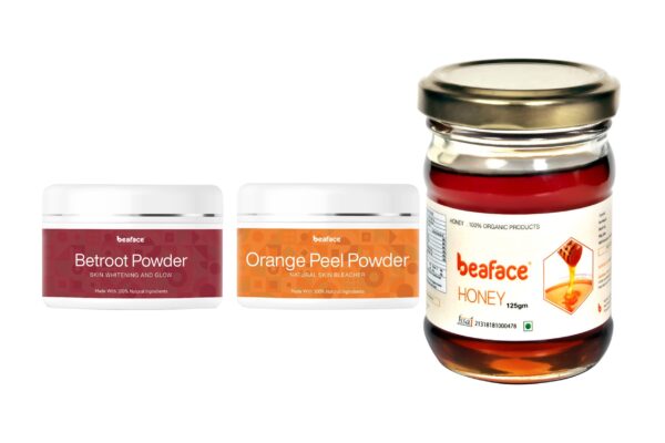Beaface Combo Pack Beetroot Powder Skin Brightener - 100 gm Orange Peel Skin Bleacher - 100gm Natural Honey for Acne, Pimples - 125gm (Pack of 3)