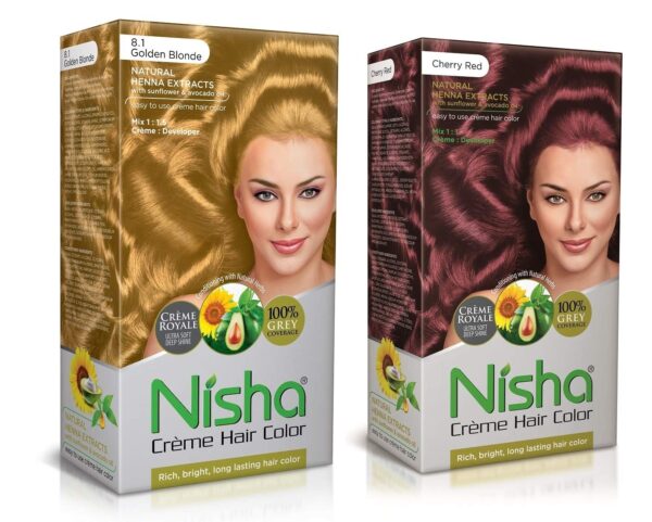 Nisha Cream Hair Color Rich Bright Long Lasting Hair Colouring For Ultra Soft Deep Shine 100% Grey Coverage Conditioning With Natural Herbs Golden Blonde and Cherry Red (Pack of 2) - Fast Shipping to USA & Canada