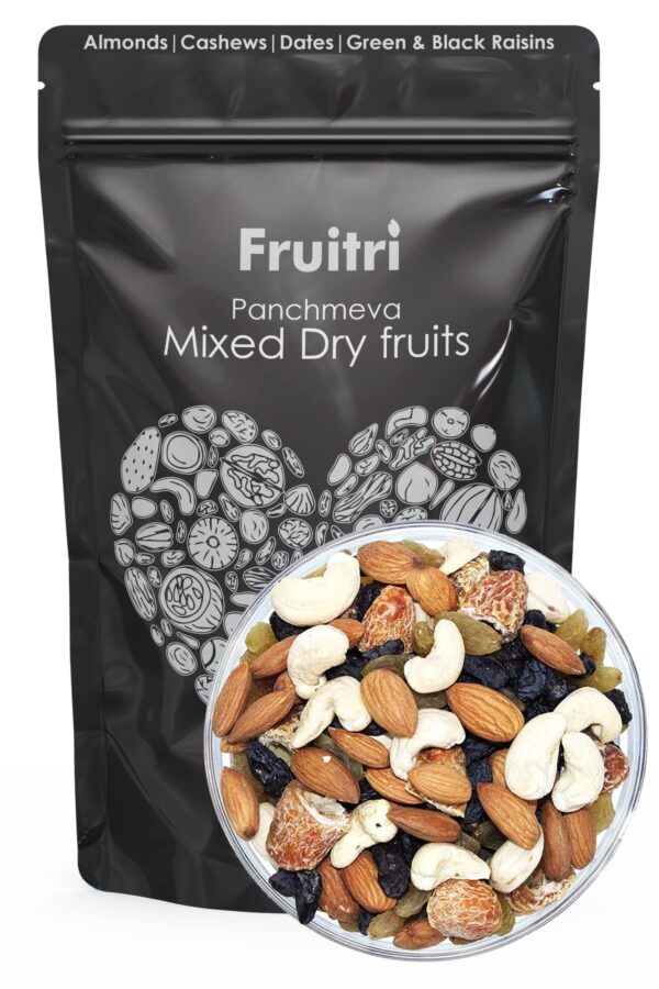 Fruitri Panchmeva Mixed Dry Fruits 1 Kg-, Healthy Trail Mix dry fruits combo pack contains Almond, Cashew, Dates, Green and Black Raisins, Superfood Nuts and dry fruits - Fast Shipping to USA & Canada
