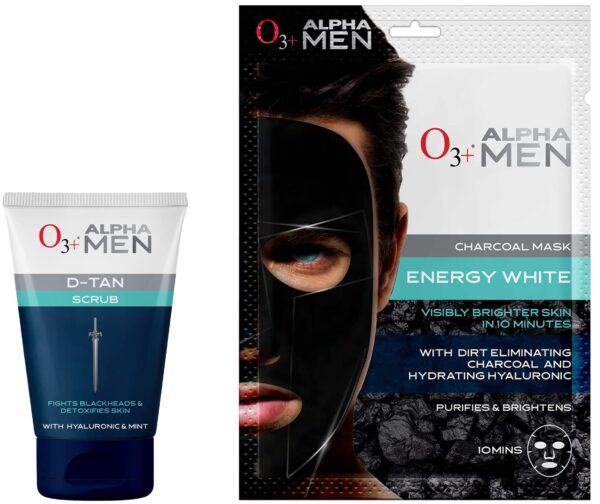 O3+ Alpha Men Acno D Tan Scrub With Hyaluronic & Mint 50gm + O3+ Alpha Men Energy White Charcoal Face Sheet Mask 30gm - Fast Shipping to USA & Canada