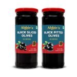 Abbie's Black Sliced Olives (450 g) + Black Pitted Olives (450 g), Pack of 1 Each, for Authentic Taste in Cooking, Snacking, Pizzas toppings or Italian Pastas Ingredient - Fast Shipping to USA & Canada