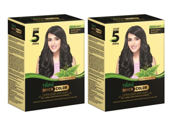 Nisha Quick Hair Color, 5 Minute Hair Color for Women & Men, Ammonia Free Henna Based Hair Colour, 100% Grey Coverage, Black Hair Dye, Natural Black Hair Color (60g Pack of 2) - Fast Shipping to USA & Canada