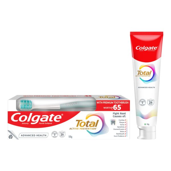 Colgate Total 150 Grams Advanced Health Antibacterial Toothpaste With 12-Hour Anti-Germ Protection, Whole Mouth Health, World'S No.1* Germ-Fighting (Combo Pack Offer, With A Premium Soft Toothbrush) - Fast Shipping to USA & Canada