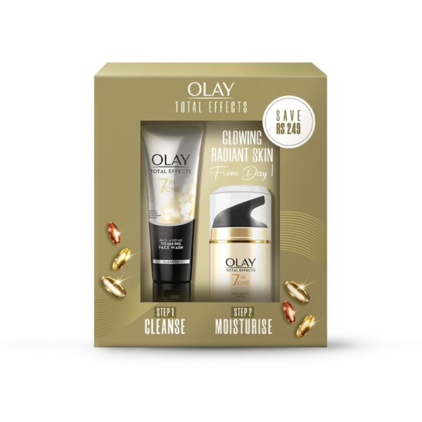Olay Total Effects Giftpack - Day Cream with SPF 15 50gm + Cleanser 100g | Fights 7 Signs of Ageing | With Niacinamide and Green Tea Extracts | Normal, Oily, Dry, Combination Skin | Pack of 2 - Fast Shipping to USA & Canada