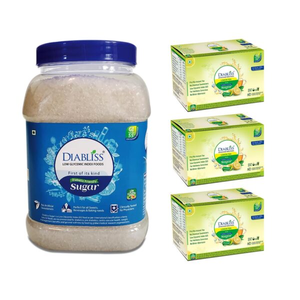 DiaBliss Diabetic Friendly Herbal Cane Sugar Jar + Herbal Diabetic Friendly Lemon Tea 300g Sachet Box Pack of 3