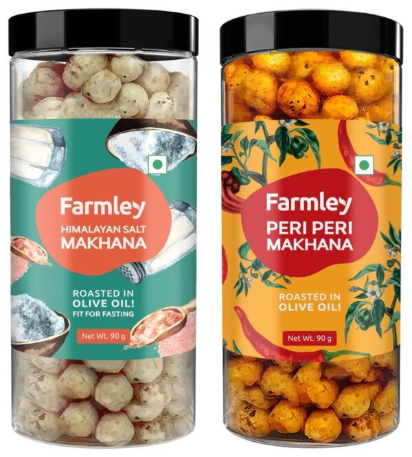 Farmley Roasted & Flavoured Himalayan Salted Healthy Makhana Snacks 90 gm & Farmley Roasted & Flavoured Peri Peri Healthy Makhana Snacks 90 gm - Fast Shipping to USA & Canada