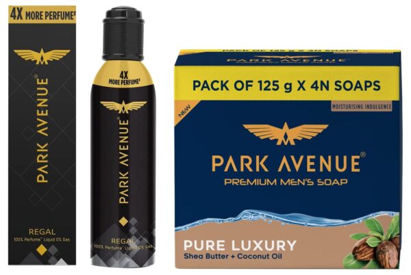 Park Avenue Pure Luxury Soap Pack of 4 500gm&Park Avenue Regal NO GAS Premium Perfume For Men Long Lasting Fragrance 130ml - Fast Shipping to USA & Canada