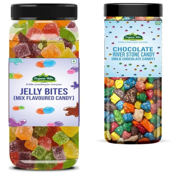 Organic Bites Kids Favourite Comby of Colourful Jelly Bites & 100% Natural Stone Chocolate River Stone candy (Choco Rocks) Stone Candy 200 gm Each - Total 400 gm (Jar Pack) - Fast Shipping to USA & Canada