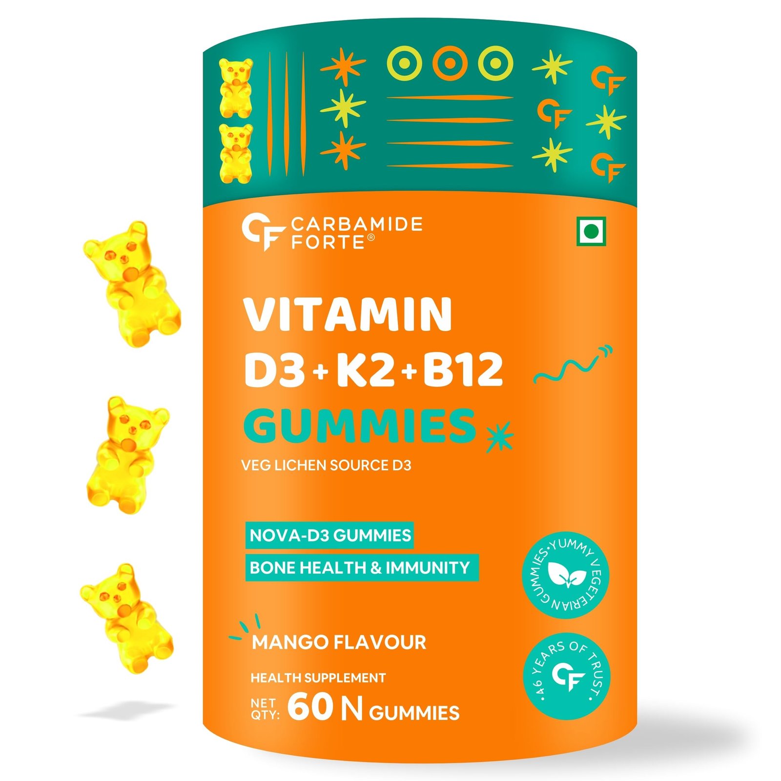 71y-pNvVf6L-1.jpg Carbamide Forte Vitamin D3 K2 MK7 & Vitamin B12 Gummies | Vitamin B12 supplements | vitamin K2 mk7, Vitamin D3 supplement & b12 vitamin for Women, Men & Kids | Mango Flavoured - 60 Veg Gummies - Fast Shipping to USA - Image 1