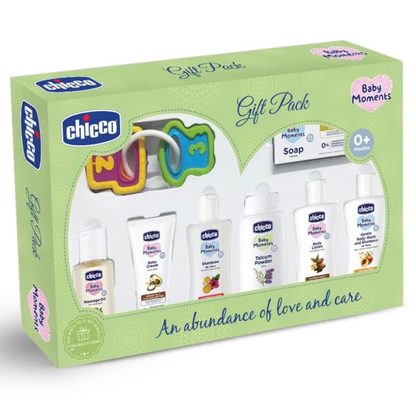 Chicco Baby Moments Delight Gift Pack (Green) with 7 Baby Skin & Haircare Products and a Rattle Toy | Baby Care Gift Set for Newborn Baby Shower, New Parents, and Birthdays | Phenoxyethanol Free - Fast Shipping to USA & Canada