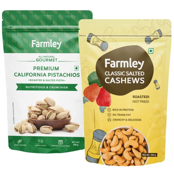 Farmley Premium Classic Salted Roasted Cashews | California Roasted Salted Pistachios | Combo Snacks 400g (2 x 200g) | Rich in Protein | Crunchy & Delicious - Fast Shipping to USA & Canada