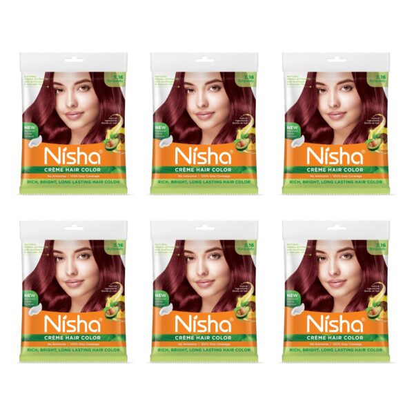 Nisha Cream Hair Color Rich Bright Long Lasting Hair Colouring For Ultra Soft Deep Shine 100% Grey Coverage Conditioning With Natural Herbs Burgundy (Pack of 6) - Fast Shipping to USA & Canada