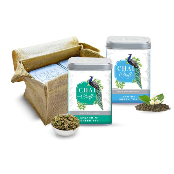Chai Craft Duet Tea Trove (100gms) I Jasmine & Spearmint Green teas in 100% Natural Jute Bag I Tea Gift Bag I Herbal & Organic Green teas - Fast Shipping to USA & Canada