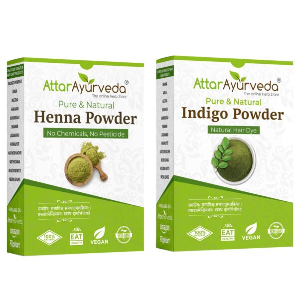 Attar Ayurveda Natural Dye for Black Hair (Henna Leaves powder, Indigo leaves powder combo pack) (200 grams + 200 grams = 400 grams total) - Fast Shipping to USA & Canada