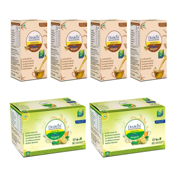 Diabliss Ginger Tea 10 x 10g Sachets pack of 4 & Lemon Tea 30 x 10g Sachets pack of 2 Combo Pack - Low Glycemix Index (GI) Diabetic Friendly