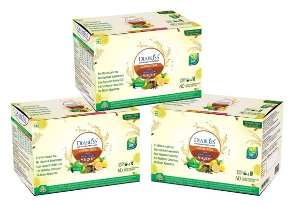Diabliss Diabetic Friendly Herbal Tea Premix Combo Pack - Lemon, Ginger, Masala Chai - 30 x 10g Sachets - Pack of 3(90 Sachets) Sugar Free Alternative