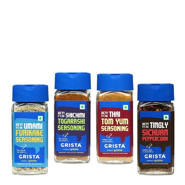 CRISTA Asian Spices & Seasonings Combo | Togarashi Seasoning x 1, 45 gms | Tom Yum Seasoning x 1, 40 gms | Furikake Seasoning x 1, 40 gms | Sichuan Peppercorn x1, 40 gms | Pack of 4