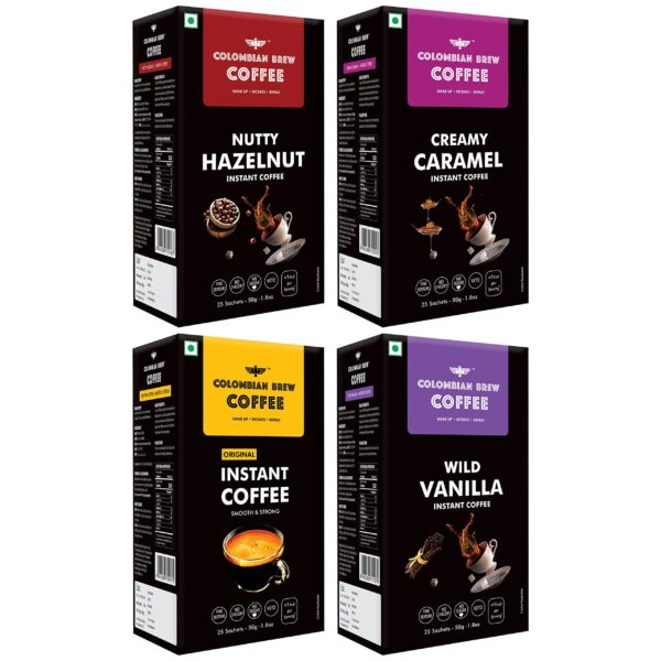 COLOMBIAN BREW COFFEE Hazelnut, Caramel, Vanilla and Pure Instant Coffee Powder, No Sugar Vegan, 4 X 50g - Fast Shipping to USA & Canada