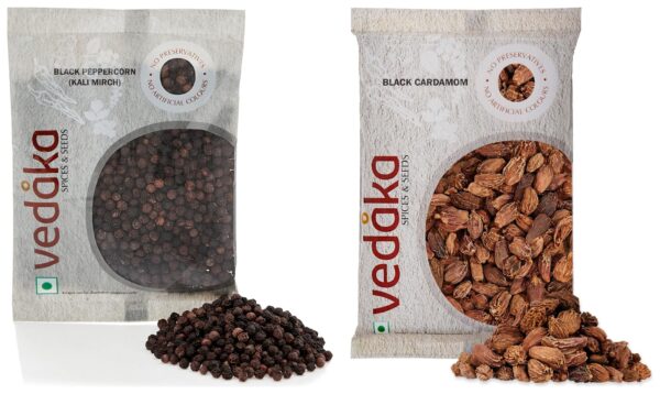 Vedaka Whole Black Cardamom, 100g & Amazon Brand - Vedaka Black Peppercorn (Kali Mirch), 100 g - Fast Shipping to USA & Canada