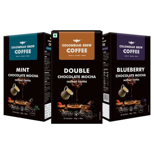 COLOMBIAN BREW COFFEE Double Chocolate Mocha, Mint Chocolate Mocha, Blueberry Chocolate Mocha Instant Coffee Powder, 3 X 50g - Fast Shipping to USA & Canada