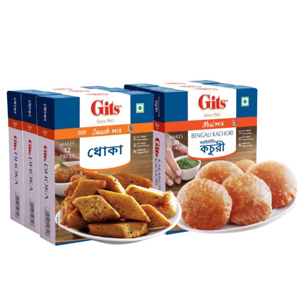Gits Dhoka Mix 100g & Gits Kachori Mix 100g | Combo Pack of 6 (3 Each) | Delicious Bengali Snack | Instant Mix - Fast Shipping to USA & Canada