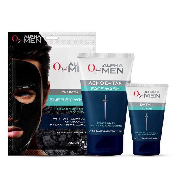 O3+ ALPHA MEN Acno D-TAN Kit (Scrub 50g + Charcoal Face Sheet Mask 30g + Face Wash 100g) for Instant Tan Removal | All Skin Types - Fast Shipping to USA & Canada