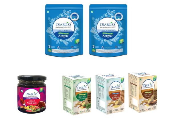 Diabliss Diabetic Friendly Sugar 500g Pouch pack of 2, Mixed Fruit Jam 225g Bottle & Millet, Chia Seeds & Moringa Leaf Cookies Combo Pack - Low Glycemix Index(GI) Diabetic Friendly