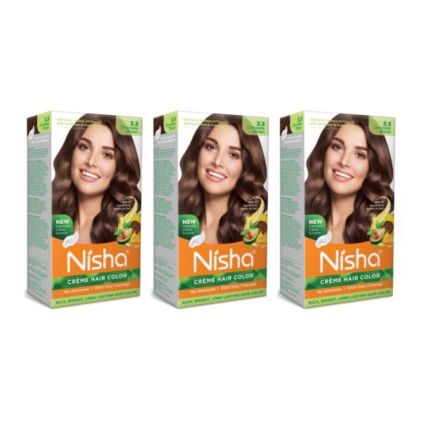 Nisha Creme Hair Color Chocolate Brown, Permanent Hair Colour for Women Men, No Ammonia, Ultra Soft Deep Shine, 100% Grey Coverage, 3.5 Chocolate Brown Hair Colour 120gm Pack of 3 - Fast Shipping to USA & Canada
