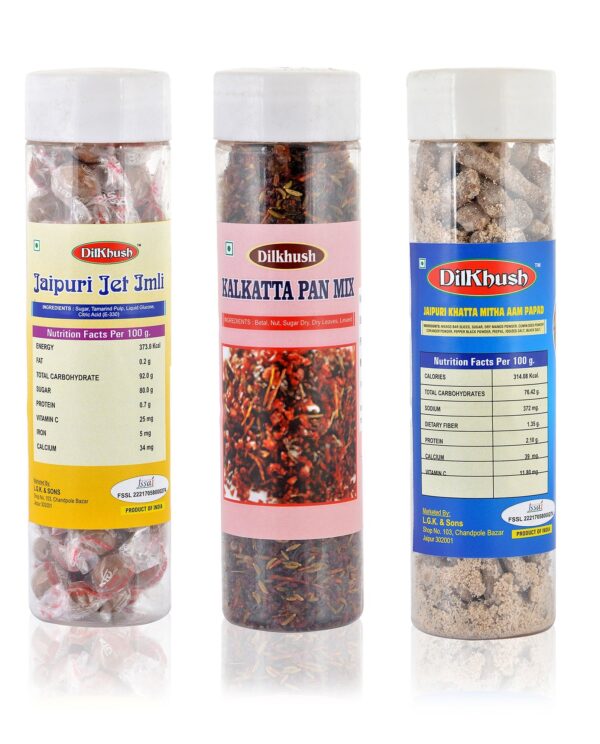 Dilkhush Combo of Jaipuri Jet Imli, Kalkatta Pan Mix and Jaipuri Aam Papad, 500 Grams, Pack of 3 - Fast Shipping to USA & Canada