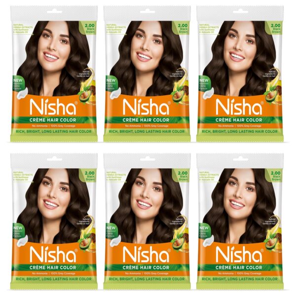 Nisha Creme Hair Color, Permanent Hair Colour Black Brown, Silky & Shiny 100% Grey Coverage Rich Bright Long Lasting Hair Colouring For Ultra Soft Deep Shine Hair Dye (Pack of 6) - Fast Shipping to USA & Canada