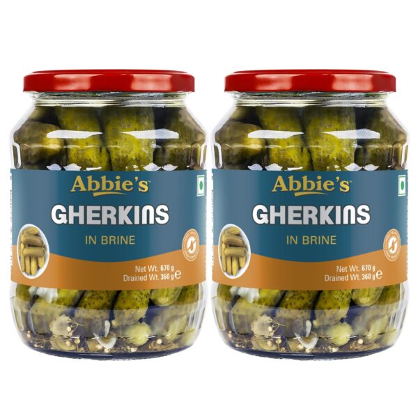 Abbie's Gherkins Big in Brine, 680g, Pack of 2 Ready to Eat | Zero Fat Crunchy Pickle | Perfect Topping for Pizza, Pasta, Sandwich, Burger, Salad , Snacks and More | - Fast Shipping to USA & Canada