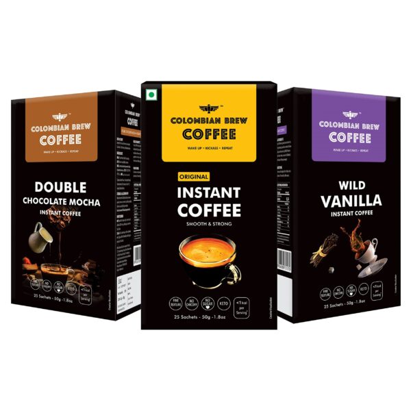 Colombian Brew Coffee Powder Pure Instant 50g, Vanilla Instant 50g, Double Chocolate Mocha 50g, (Gift Pack Box) Buy 2 Get 1 Free - Fast Shipping to USA & Canada