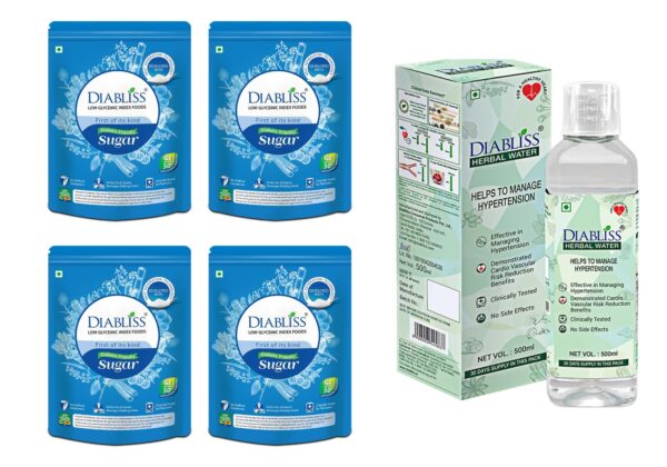 Diabliss Diabetic Friendly Herbal Cane Sugar - Free from Chemicals/Artificial Sweeteners - Low Glycemic Index (GI) - 500g Pouch (500g (Pack of 4) + Hypertension Managament)