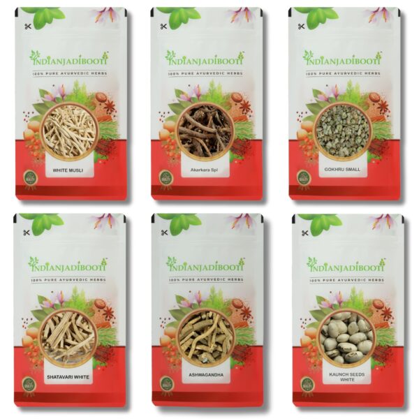 IndianJadiBooti (SAFED MUSLI-50 GM - AKARKARA-50GM - VIDARIKAND SAFED-50GM - ASHWAGANDHA-50GM - SHATAVARI WHITE-50GM - GOKHRU BADA-50GM - GOKHRU CHHOTA-50GM) Combo Pack Powder