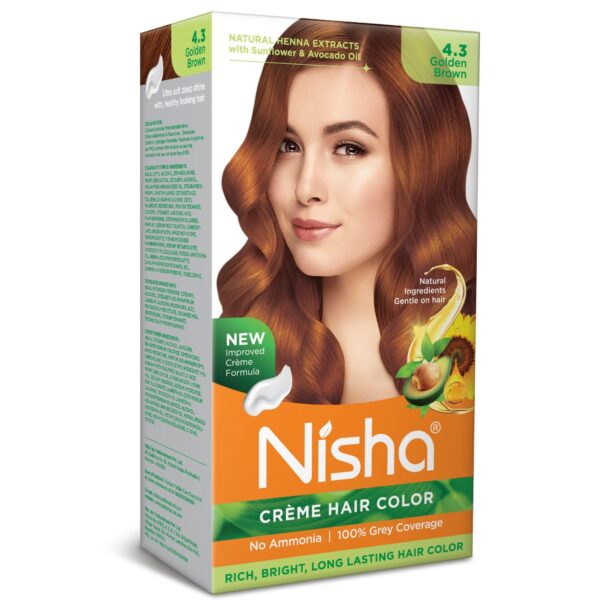 Nisha Creme Hair Color Golden Brown, Permanent Hair Colour for Women Men, No Ammonia, Ultra Soft Deep Shine, 100% Grey Coverage, 4.3 Golden Brown Hair Colour 120gm - Fast Shipping to USA & Canada